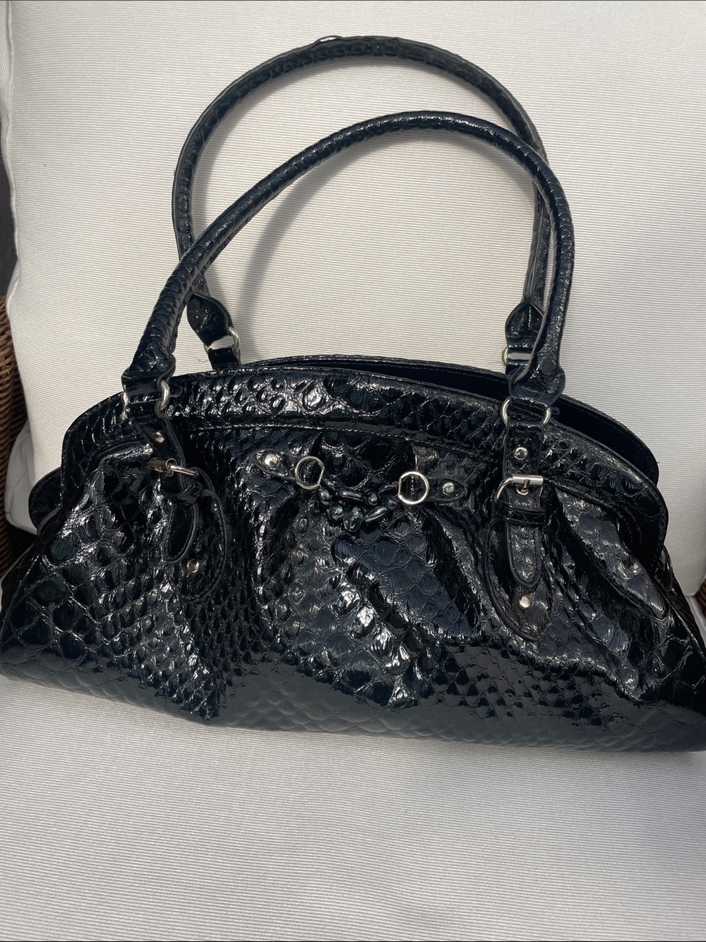 Baci Couture- Vegan Leather Black Patent Snake Embossed Purse